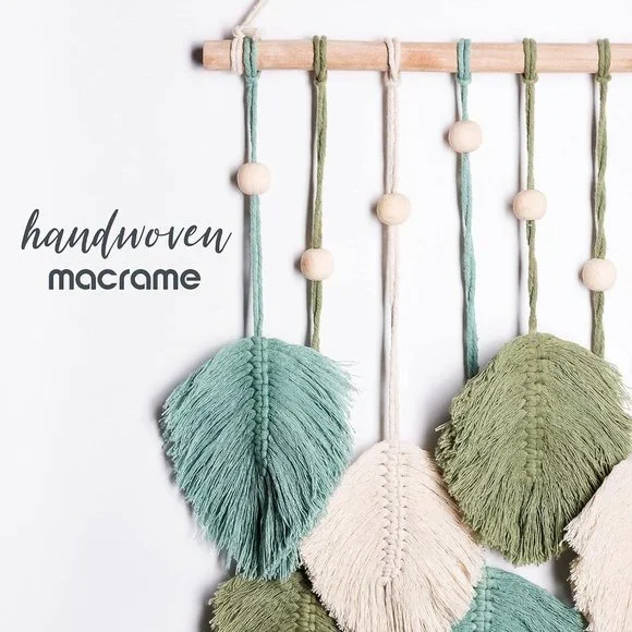 Macrame Boho Indie Farmhouse Teal/Blue/Green/Cream Feather Wood Bead Wall Decor - Picture 2 of 8